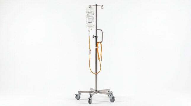 Medical iv drip pole stand with saline bag in hospital