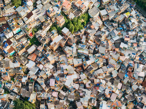 Aerial view of house rooftops, favela Santa Marta, Rio de Janeiro, Brazil