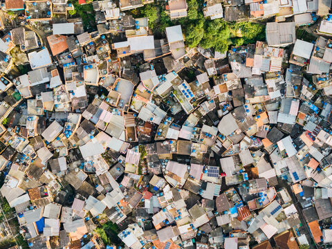 Aerial view of rooftops, favela Santa Marta, Rio de Janeiro, Brazil