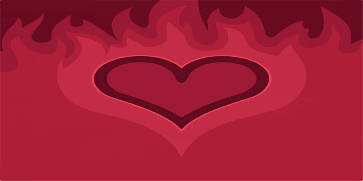 A vibrant red heart engulfed in flames serves as a passionate vector illustration for romantic wedding and Valentine's Day greeting card designs