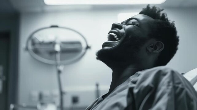 A hospital worker is seen laughing joyfully in a medical environment. The worker's happiness is evident in their broad smile and laughter.