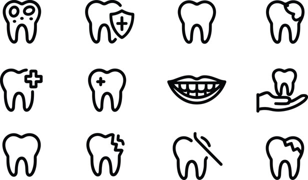 Dental health icons set with healthy and decayed teeth symbols on white background