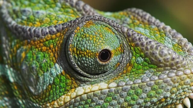 Extreme macro close up of a colorful chameleon eye and textured skin