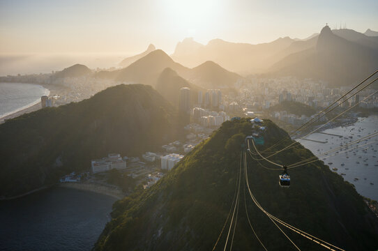 Cable car ascending to Sugarloaf mountain. Morro da Urca, Rio de Janeiro, Brazil