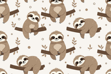 Naklejka premium Seamless repetitive pattern featuring adorable cartoon sloths hanging and resting on tree branches with green leaves.