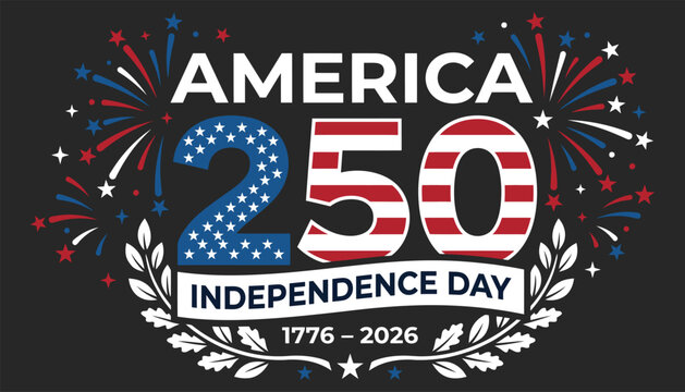 America 250 independence day celebration logo with fireworks and stars on dark background