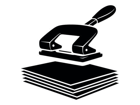 Black silhouette of a hole puncher resting on a stack of paper office supplies