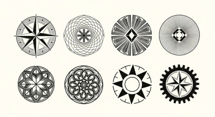 Collection of Eight Circular Nautical Compass Rose Designs. © Tan
