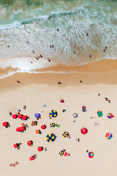 Aerial view of Copacabana beach with sunshades, Rio de Janeiro, Brazil