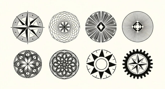 Collection of Eight Circular Nautical Compass Rose Designs.