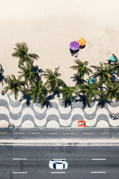Aerial view of walkway and palm trees, Copacabana beach, Rio de Janeiro, Brazil