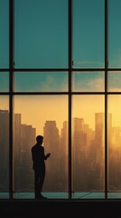 Fototapeta premium A silhouette of a person standing by large windows overlooking a city skyline at sunset.