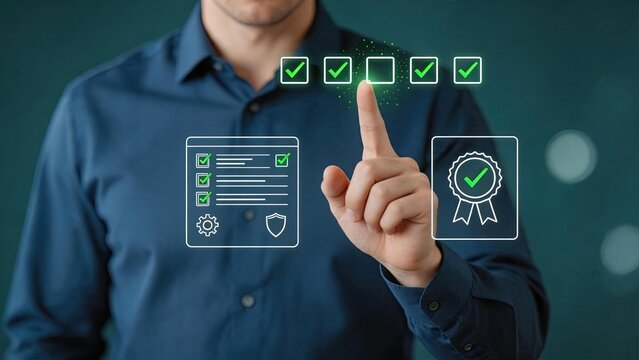 Businessman checking digital checklist boxes, selecting options on virtual screen, technology concept for workflow management and task completion process in modern corporate