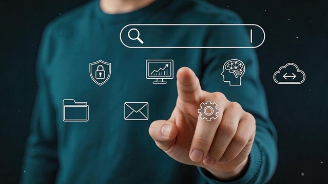 User selecting icons from virtual menu interface, choosing settings or security options on futuristic display, representing digital navigation and system configuration in advanced
