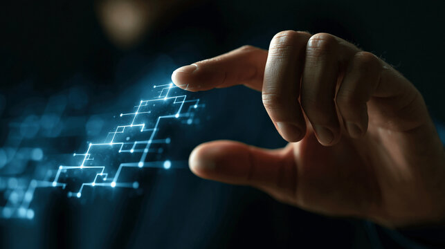 Hand Interacting with Digital Data: A close-up shot of a hand interacting with a dynamic digital display, highlighting technology and innovation. 