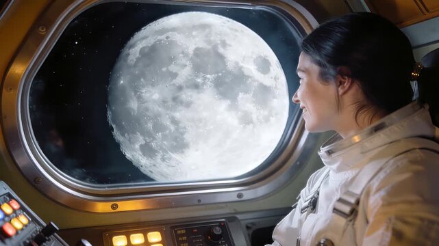 Smiling female astronaut looking at moon through spacecraft window. Young woman in white space suit observing lunar surface from cockpit. Panning camera movement.