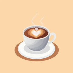 Obraz premium Illustration of a hot latte coffee cup with heart-shaped latte art and warm steam in flat design style. Perfect for cafe themes, coffee drinks, breakfast, and modern lifestyle content