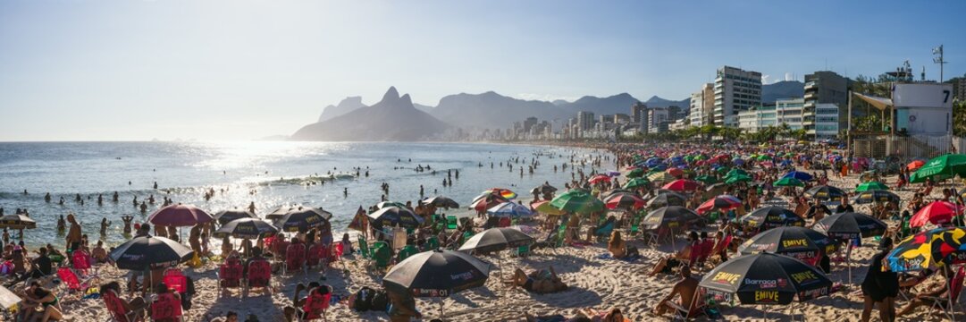 Panoramic of Ipanema beach crowded in summer, Rio de Janeiro, Brazil