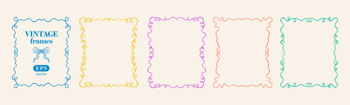 Wavy line ribbon frames. Whimsical border frame, hand drawn doodle art. Watercolor vintage wedding bow border. Cute wavy squiggle line card. Vector simple whimsical art bg. Photo picture mirror frame