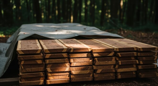 Stack of wooden planks covered with tarp in forest. Construction material for building project. Raw lumber board stored outdoors for carpentry work. Industrial site timber supply.