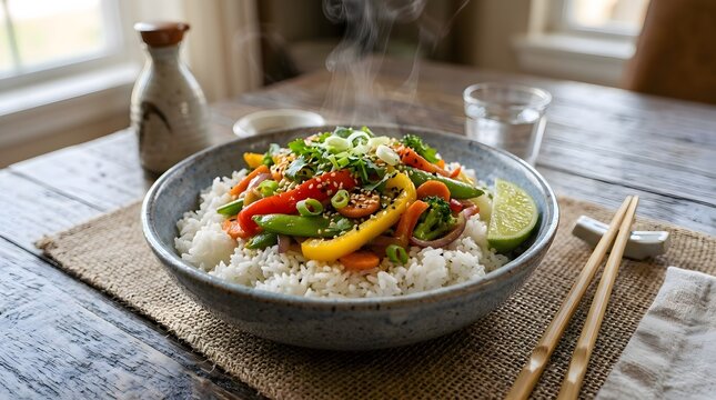 Stir fry vegetable bowl with white rice on a wooden table