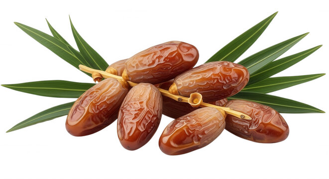 A cluster of ripe brown date fruits attached to a stem with long green palm leaves, isolated on a solid black background