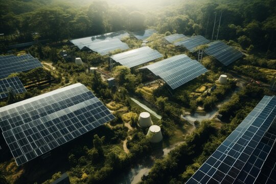 Solar farm generating clean electricity, harmonizing technology with nature and environmental protection
