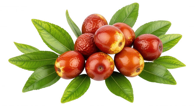 A cluster of ripe red jujube fruits with vibrant green leaves arranged on a solid black background, showcasing smooth and textured skins