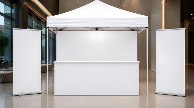 White popup tent with display banners for outdoor event promotion.