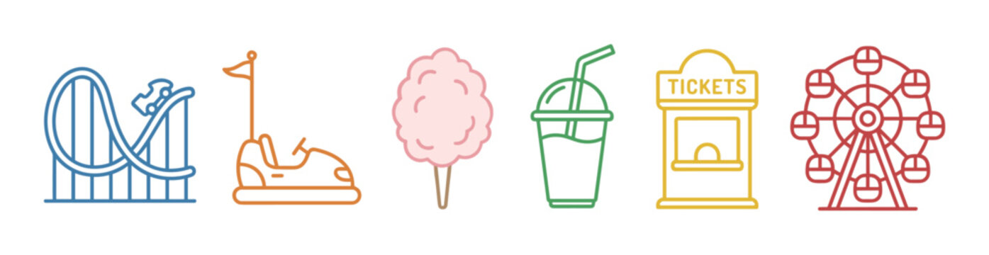 Colorful set of amusement park line icons showing a roller coaster, bumper car, cotton candy, drink, ticket booth, and Ferris wheel in a minimalist vector illustration style