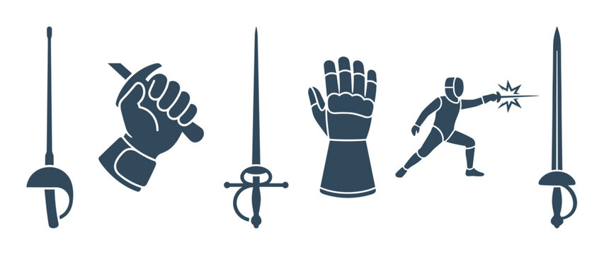 Set of six monochrome fencing silhouettes featuring different types of swords, a protective glove, a hand holding a weapon, and a fencer making a successful lunge