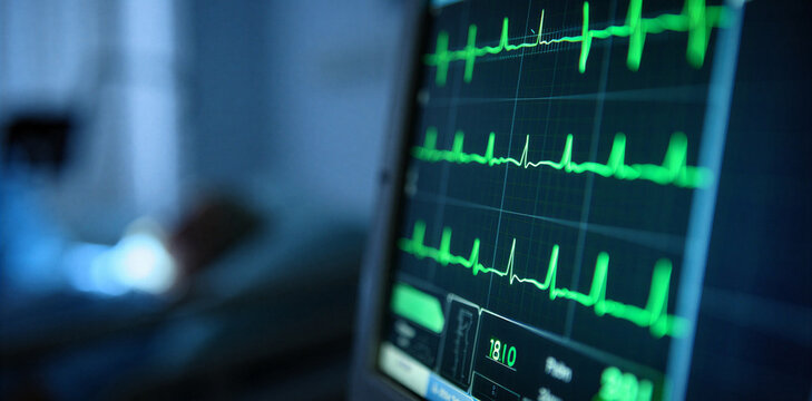 Close up of hospital heart monitor displaying ekg signal with hospital, medicine
