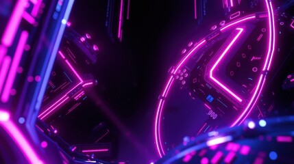 Fototapeta premium Futuristic neon interior. Complex geometric shapes, glowing lines create abstract tunnel effect. Dark background emphasizes vibrant purple hues.