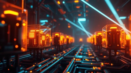 Fototapeta premium Futuristic corridor. Glowing orange tubes line dark space. Complex network, digital aesthetic, intense illumination. Mysterious, technological setting.