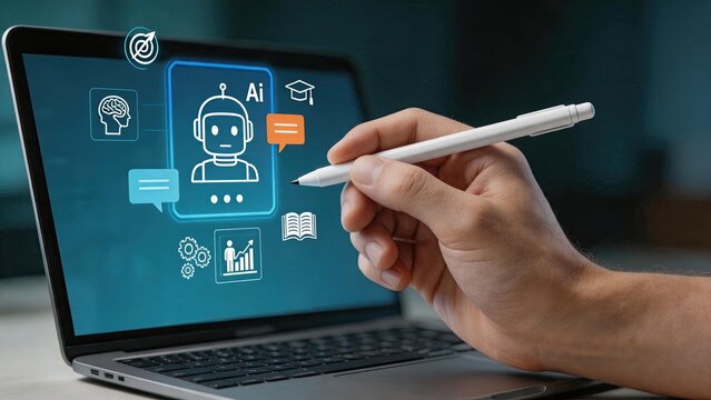 Artificial intelligence education concept, student using digital tablet with AI robot tutor for online learning, modern technology in classroom, smart e-learning system, future