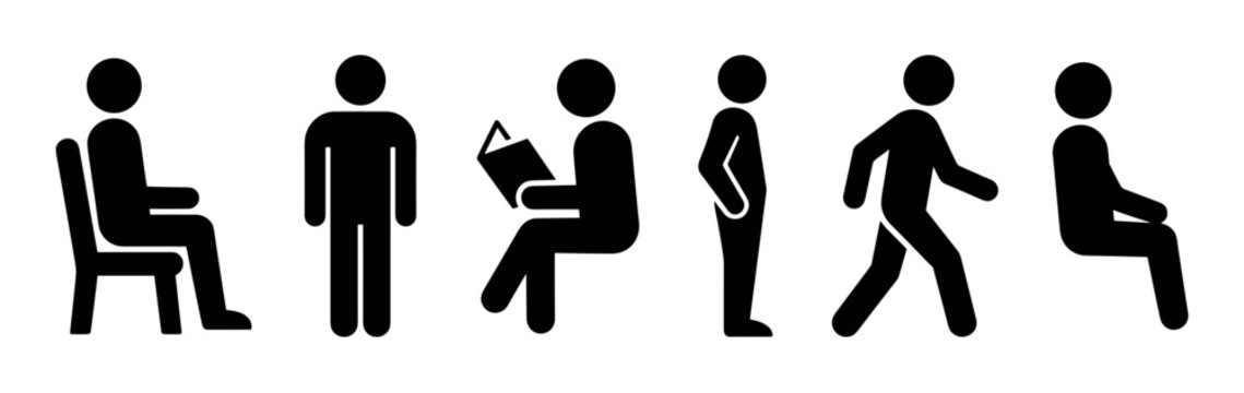 Set of black human pictograms showing various poses and actions like sitting on a chair, standing, reading a book, and walking in a simple graphic icon style