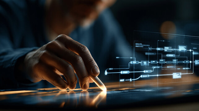 Digital Data: A skilled technician manipulates glowing holographic data with precision and finesse, at the cutting edge of digital innovation.