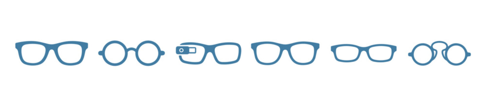 Collection of blue eyeglasses icons in various styles including smart glasses, presented in a horizontal row as a minimalist graphic illustration for vision and technology concepts