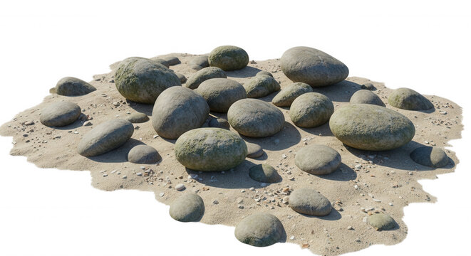A collection of smooth, grey river stones scattered across a patch of light beige sand, isolated against a solid black background