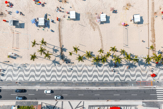 Aerial view of walkway and palm trees, Copacabana beach, Rio de Janeiro, Brazil
