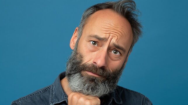 Middle-aged man with gray beard and thoughtful expression resting chin on hand against a solid blue background, wearing a denim shirt with a casual appearance