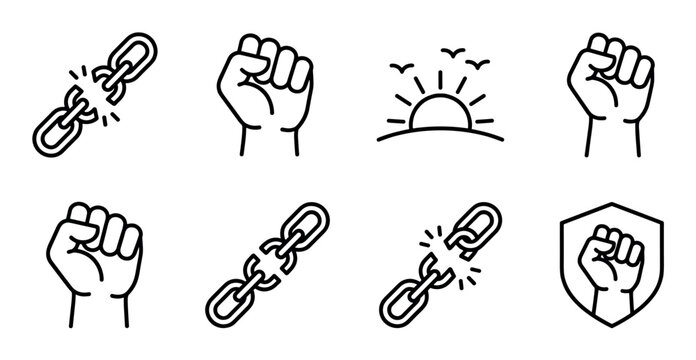 Collection of black line art icons featuring raised fists, broken chains, and a sunrise, symbolizing freedom, revolution, protest, and emancipation in a clean vector style