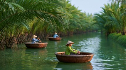 Obraz premium Vietnamese women in traditional conical hats paddle round bamboo boats on a serene river surrounded by lush green palm trees in a tranquil landscape