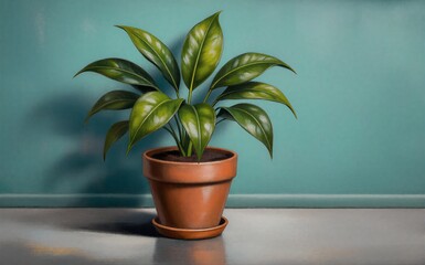 Fototapeta premium A potted green plant sits on a reflective surface against a teal