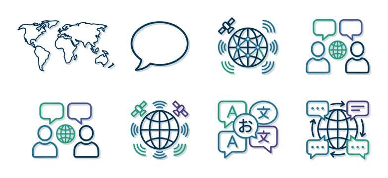 Set of eight colorful line art icons representing global communication, language translation, and international connection concepts, including a world map, globe, and speech bubbles