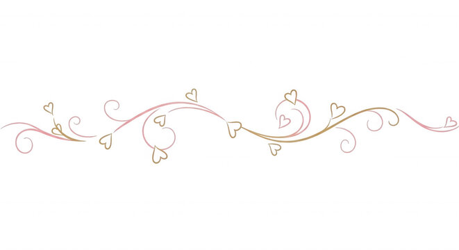 A decorative horizontal divider featuring flowing swirls and small heart-shaped in a soft gradient of pink and gold on a black background