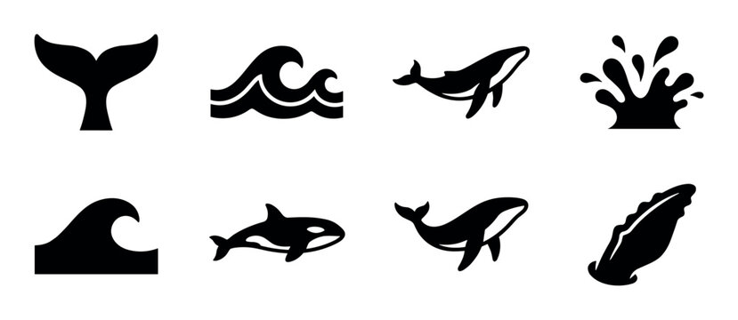 Black whale and ocean silhouette icons set featuring various marine mammals, including orca and humpback, along with waves, splashes, and tail flukes in a minimal graphic style