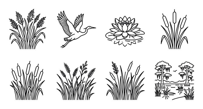 Collection of minimalist black outline icons depicting swamp and marsh nature, with a flying heron, water lily, cattails, reeds, and a wetland landscape with cypress trees