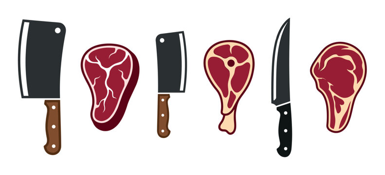 Collection of butcher shop tools and raw meat cuts including cleavers, a knife, and steaks, presented in a clean, flat vector illustration style for culinary or food themes