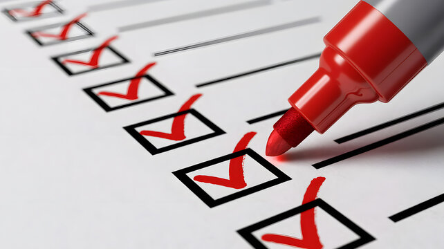 A red marker is checking boxes on a piece of paper with a checklist.